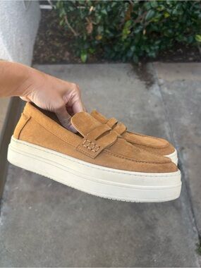 J Slides Tan Suede Platform Loafers